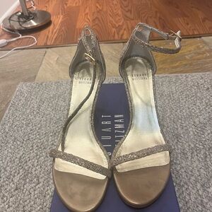 Stuart Weitzman Taupe Glitter Ankle-Strap Heels